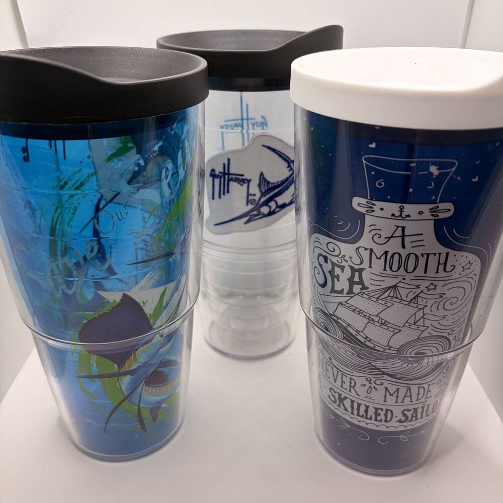 Lot of 3 Tervis Insulated Tumblers Guy Harvey Marlin Nautical Quote Travel Mug